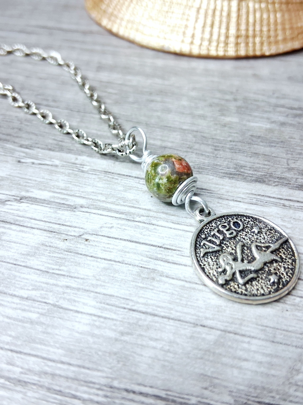 Virgo Zodiac Pendant Choker Necklace with Unakite Gemstone Bead